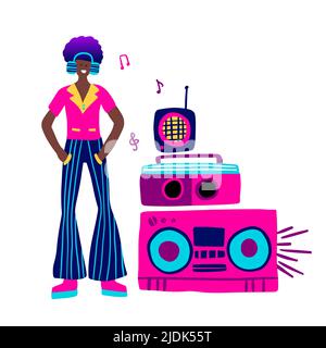 80s musica retrò party uomo e lettore di dischi clipart. Cartoon ragazzo personaggio umano vettore carta. Illustrazione Vettoriale