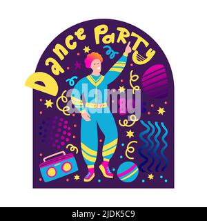 80s poster uomo. Prank danzante ragazzo retro illustrazione vettoriale. Cartoon flat party print Illustrazione Vettoriale