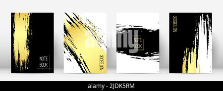 Set brushstroke nero in oro per copertine per notebook. Ricco sfondo screen saver squisito vintage costoso larga spazzolato carta macchia stampare luogo pubblicità testo segno cartolina moderno modello di carta Illustrazione Vettoriale
