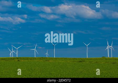 Mulini a vento impostato in un campo verde contro un cielo blu.energia rinnovabile.energia alternativa sources.Environmentally energia naturale source.Natural Energy. Foto Stock