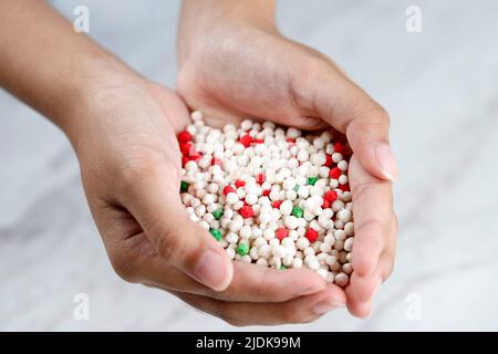 Primo piano Organic Red and Green Tapioca Pearl in Female Hand Foto Stock