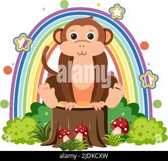 Scimmia carina sul moncone in un'illustrazione in stile cartoon piatto Illustrazione Vettoriale