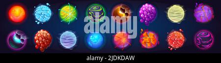 Pianeti alieni fantasy per il gioco spazio ui. Icone vettoriali di cartoni animati insieme di magico mondo fantastico, oggetti cosmici diversi colori con bolle, crepe e spirali. Collezione di simpatici pianeti e lune Illustrazione Vettoriale