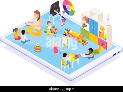 Bambini in età prescolare che imparano composizione isometrica online con insegnante di scuola materna lettura libro seduto sullo schermo del tablet illustrazione vettoriale Illustrazione Vettoriale