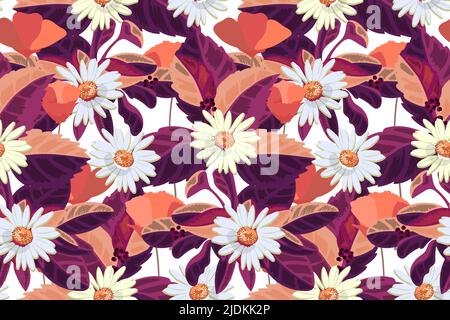 Motivo floreale vettoriale senza cuciture. Margherite, fiori e foglie di arancio e borgogna su sfondo bianco. Illustrazione Vettoriale