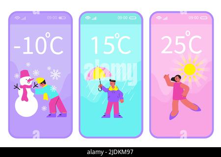 Set di banner app flat con persone all'aperto in pioggia neve soleggiato tempo isolato vettore illustrazione Illustrazione Vettoriale