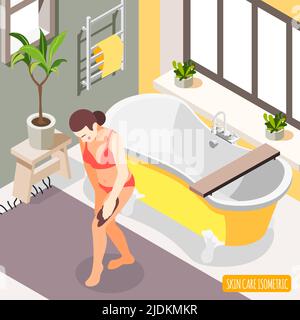 Trattamento di esfoliazione corpo scrub dopo bagno per pelle liscia e setosa isometrica bagno composizione di fondo illustrazione vettoriale Illustrazione Vettoriale