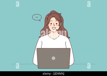 Donna in cuffie che lavora sul computer in ufficio online. Agente del call center femminile sorridente in cuffia che parla con il cliente utilizzando un computer portatile. Helpline. Illustrazione vettoriale. Illustrazione Vettoriale