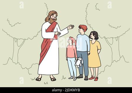 Sorridendo Gesù Cristo che parla con i bambini piccoli in giardino. Il Messia attento parla con i bambini all'aperto. Religione e fede. Illustrazione vettoriale. Illustrazione Vettoriale