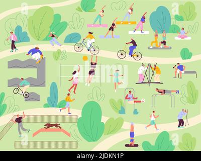 Persone nel parco, attività estive. Illustrazione Vettoriale