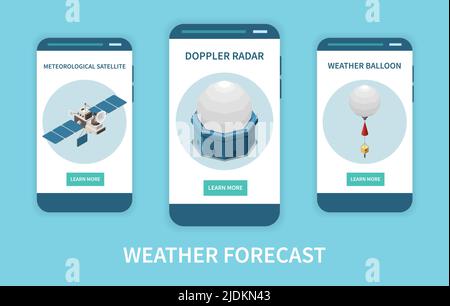 Previsione meteo insieme isometrico con radar e simboli satellitari illustrazione vettoriale isolata Illustrazione Vettoriale