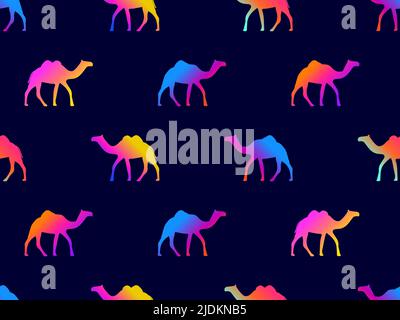 Cammelli sfumati motivo senza giunture. Silhouette di cammelli su sfondo nero. Design per poster, banner e articoli promozionali. Illustrazione vettoriale Illustrazione Vettoriale