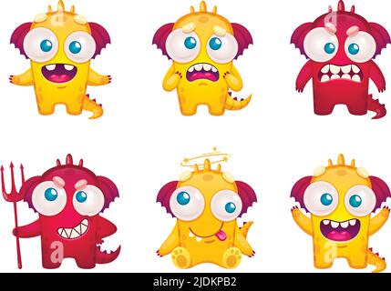 Emoticon mostro cartoon impostato con sei personaggi isolati di divertenti personaggi della bestia coda su sfondo vuoto illustrazione vettoriale Illustrazione Vettoriale