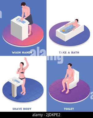 Igiene Isometrica concetto icone set con bagno e wc simboli illustrazione vettoriale isolato Illustrazione Vettoriale