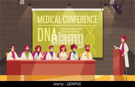 Banner colorato per conferenze mediche con altoparlante e partecipanti nella sala conferenze illustrazione vettoriale Illustrazione Vettoriale