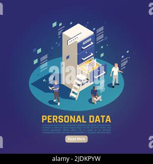 Privacy protezione dei dati gdpr sfondo isometrico con caratteri di lettura persone scaffali e leggere di più pulsante vettore illustrazione Illustrazione Vettoriale