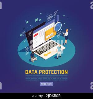 Privacy protezione dei dati gdpr sfondo isometrico con Read more pulsante testo modificabile e laptop con illustrazione vettoriale persone Illustrazione Vettoriale