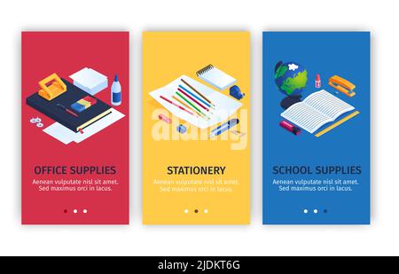 Cancelleria per ufficio e scuola banner verticali con simboli di forniture isometrici isolato illustrazione vettoriale Illustrazione Vettoriale