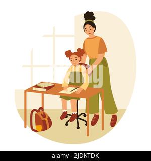 Mamma che insegna il bambino a casa, madre che si alza accanto al bambino per aiutare la figlia con i compiti Illustrazione Vettoriale