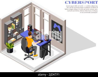 Cybersport composizione isometrica uomo siede e gioca un gioco di computer a casa illustrazione vettoriale Illustrazione Vettoriale