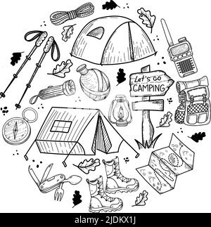 Un kit da campeggio con elementi in stile doodle disegnati a mano. Gli articoli sono disposti in cerchio: Tende, mappa del terreno, zaino, torcia, fiasca d'acqua, Ecc.. Illustrazione Vettoriale