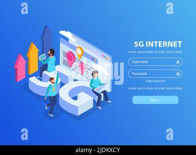 Sfondo isometrico con 5g icone internet caratteri umani e log in forma 3D illustrazione vettoriale Illustrazione Vettoriale