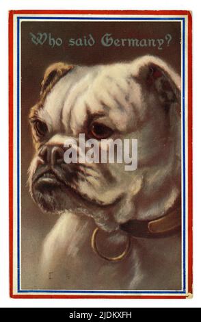 Originale WW1 era fumetto patriottico cartolina del bulldog pubblicato all'inizio della guerra, la didascalia è "Chi ha detto la Germania?" Pubblicato da E.T.W. Dennis & Sons Ltd. Londra e Scarborough. Datato 1914. REGNO UNITO Foto Stock