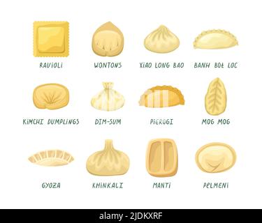 Set vettoriale di illustrazioni di gnocchi provenienti da diversi paesi del mondo. Cucina nazionale. Illustrazione Vettoriale