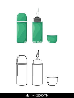 Illustrazione vettoriale di un thermos in due stili: piatto e contorno. Illustrazione Vettoriale