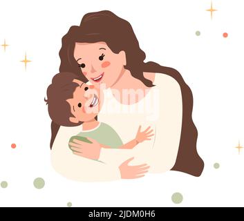 La mamma abbraccia suo figlio. Buon giorno in famiglia. La madre ama il bambino, si mette in su e si prende cura. Giornata internazionale delle madri. Carino gente graziosa con i capelli e le facce marroni. Illustrazione cartoon piano vettoriale Illustrazione Vettoriale