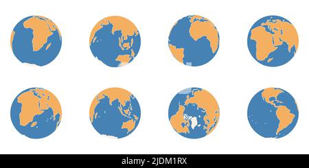 Planet Earth icone a colori disegnate a mano semplificate. Globe diverse viste su Polo Nord, Africa, America, Australia Europa, Asia continenti, illustrazione vettoriale della mappa del mondo circolare Illustrazione Vettoriale