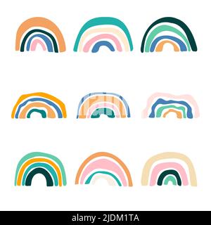 Boho scandinavo semplice arcobaleno astratto ambientato in colori moderni. Elementi di stile disegnati a mano per bambini per decorazione di stanza dei bambini, accessori per bambini, poster di partito, invito, illustrazione vettoriale tessile della cartolina Illustrazione Vettoriale