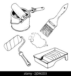 Strumenti di riparazione, strumenti di verniciatura, set di illustrazioni vettoriali disegnate a mano, isolate su sfondo bianco Illustrazione Vettoriale