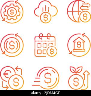 Operazioni finanziarie pixel perfetto gradiente lineare vettore icone set Illustrazione Vettoriale