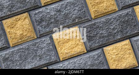 Texture piastrelle gialle e grigie, sfondo muro in pietra. Motivo di mattone, superficie di pavimento. Elemento interno geometrico. Decorazione di design. Grunge astratto wal Foto Stock