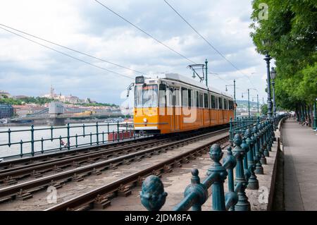 Il famoso tram della linea 2 che corre lungo il Danubio, Budapest Ungheria Foto Stock
