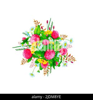 Bouquet di fiori di campo multicolore. Clipart di acquerello disegnate a mano. Elementi di design per biglietti, inviti, poster, stampe in tessuto, motivi. Foto Stock