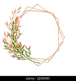 Montatura ad acquerello poligonale dorata con rami verde e oro. Illustrazione botanica. Modello per disegno di nozze, anniversario, compleanno. Foto Stock