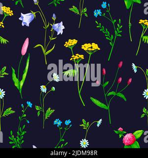Ripetizione senza giunture. Acquerello fiori selvatici ed erbe di prato selvatico su sfondo blu scuro. Design per avvolgere carta, tessuto, carta da parati e altro. Foto Stock