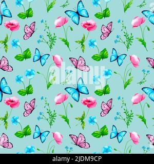 Ripetizione senza giunture. Acquerello fiori e farfalle su sfondo blu. Papaveri, dimentichi-me-not, pantie. Disegno per avvolgere carta, tessuto. Foto Stock