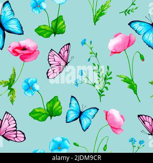 Ripetizione senza giunture. Acquerello fiori e farfalle su sfondo blu. Papaveri, dimentichi-me-not, pantie. Disegno per avvolgere carta, tessuto. Foto Stock