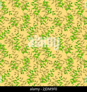 Ripetizione senza giunture. Rami acquerelli con fogliame verde su sfondo beige. Design per l'avvolgimento di carta, tessuto, carta da parati e altre stampe. Foto Stock