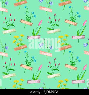 Modello senza cuciture con fiori selvatici acquerelli su sfondo blu. Disegno per la carta da imballaggio, cancelleria, tessuto, carta da parati e altre stampe. Foto Stock
