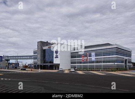 Stena Line, edifici portuali amministrativi dell'Europa centrale. Edifici e infrastrutture di trasporto. Golfo di Danzica, Mar Baltico, Gdynia, Polonia. Euro Foto Stock