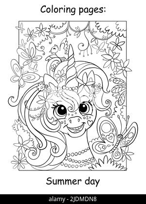 Simpatico unicorno da sogno con fiori e farfalle. Colorare la pagina del libro per i bambini. Illustrazione vettoriale del cartone animato isolato su sfondo bianco. Per colorina Illustrazione Vettoriale