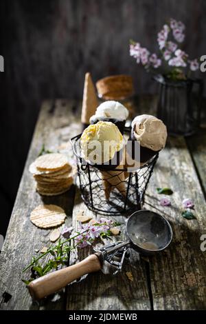 Gelato estivo. Dolce dessert sano. Cibo e bevande deliziosi. Stile vintage Foto Stock