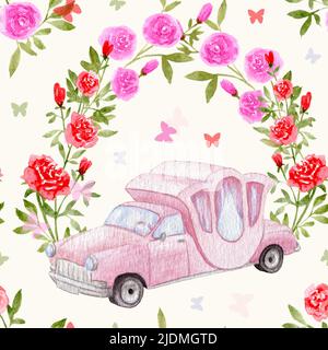 Acquerello auto retrò. Modello di auto retrò dipinto a mano. Matrimonio vintage auto rosa con un arco di fiori di rosa. Matrimonio senza cuciture modello con butterflie Foto Stock