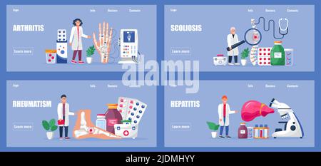Scoliosi, reumatismi, set di vettori di epatite per siti medici, applicazioni. Artrite reumatoide della mano. Illustrazione Vettoriale