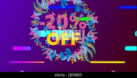 Immagine del 20% di sconto sul testo con motivo floreale e linee di neon incandescenti su sfondo viola Foto Stock