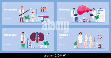 Hepatologist, set di vettori reumatologi per siti medici, applicazioni. Nefrologo, neurochirurgo trattare il paziente artrite reumatoide della mano. Illustrazione Vettoriale